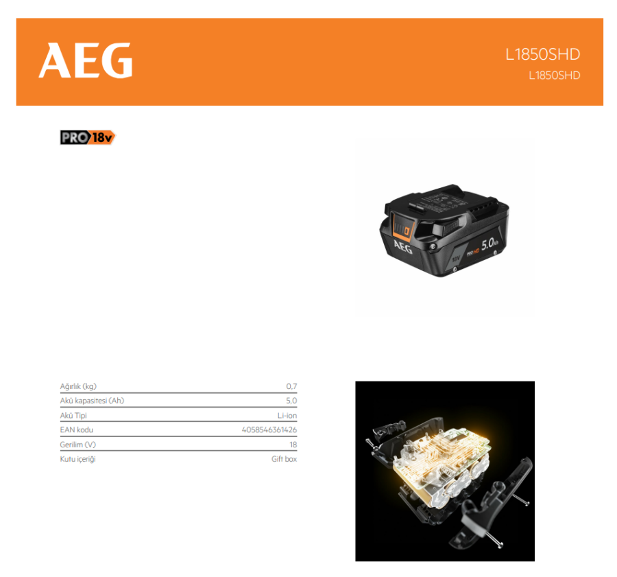 AEG AKÜ 18V 5.0 AH PRO HD BATARYA