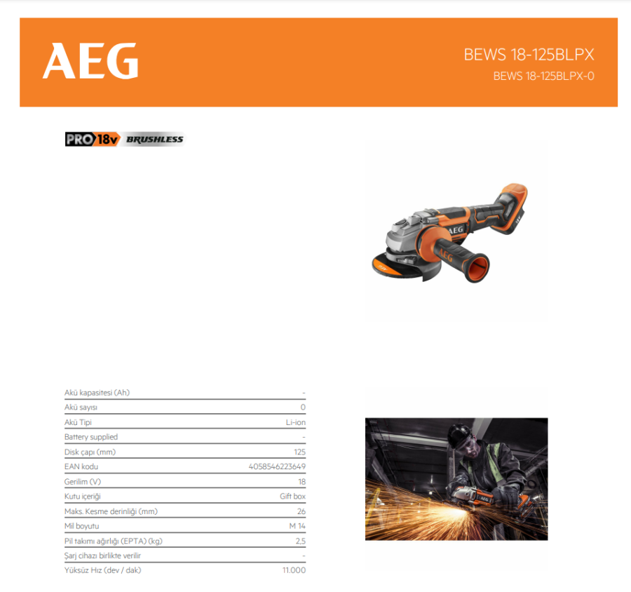 BEWS 18-125 BLPX-0 AEG Akülü Kömürsüz Motor Taşlama
