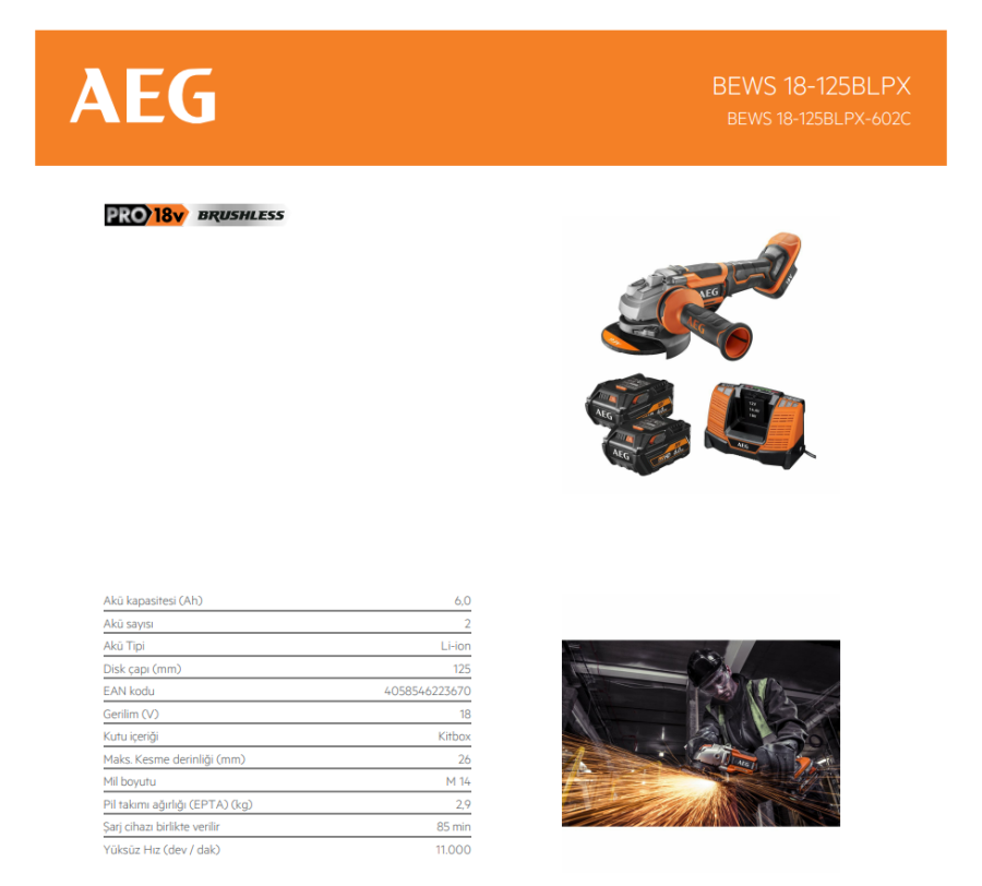 BEWS 18-125BLPX-602C Akülü Kömürsüz Motor Taşlama AEG