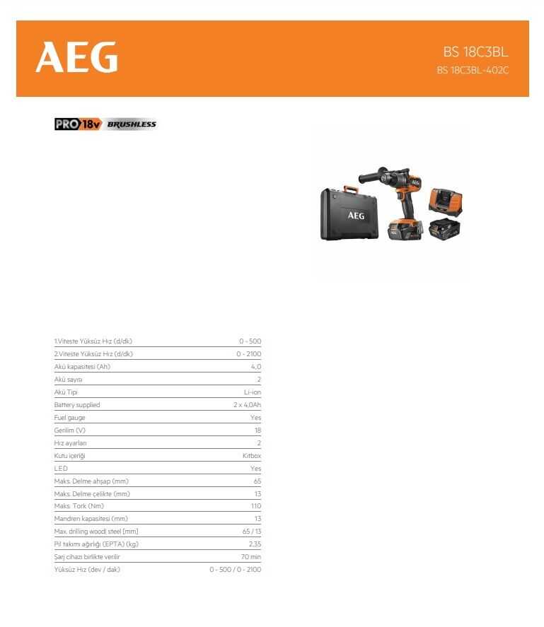 BS 18C3BL-402C 18V KÖMÜRSÜZ MATKAP 4.0AH