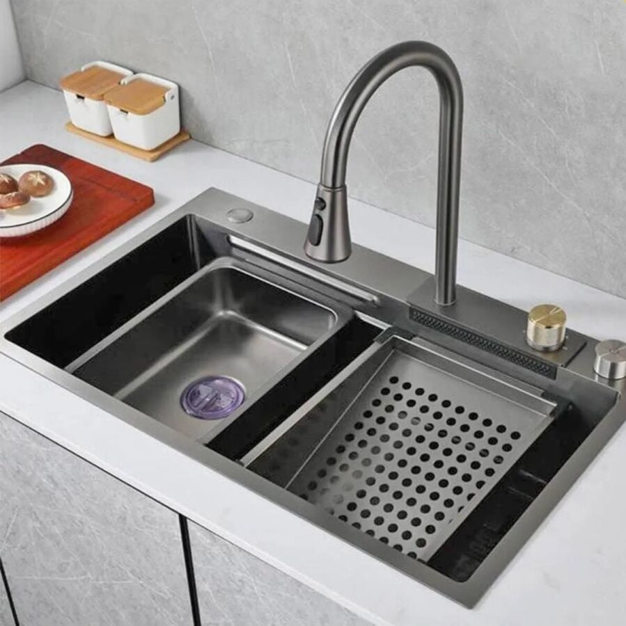 FLEKO Modeli Antrasit Yağmurlamalı Teknolojik Evye+Armatür+kesme Tahtası+2 tepsi Seti 75x45x20cm AsilÇelik