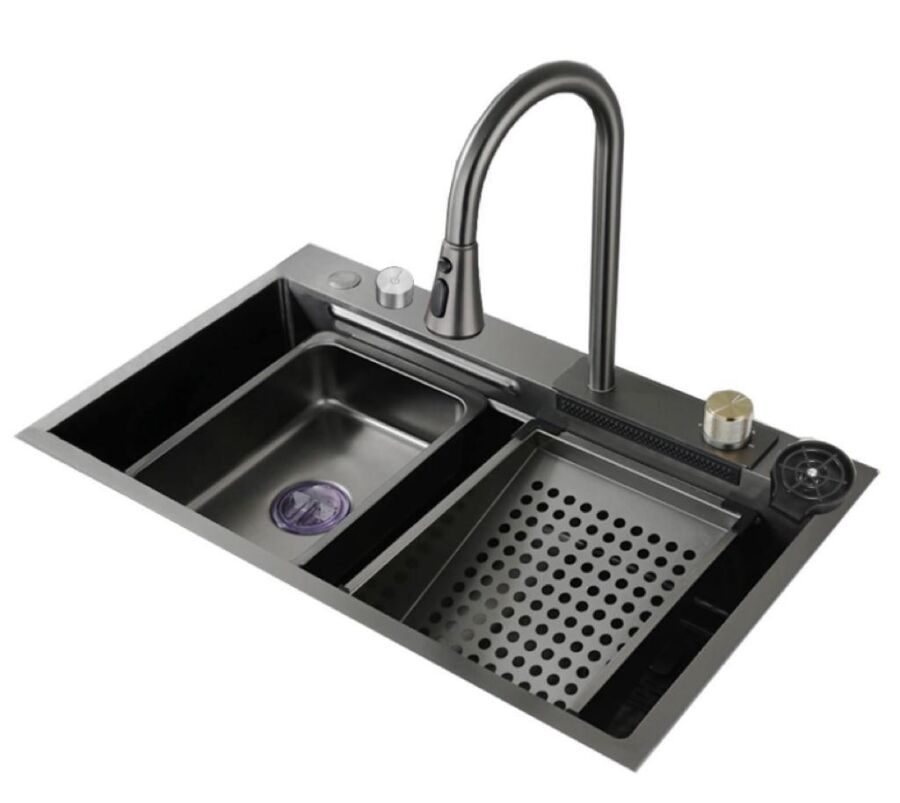 FLEKO Modeli Antrasit Yağmurlamalı Teknolojik Evye+Armatür+kesme Tahtası+2 tepsi Seti 75x45x20cm AsilÇelik