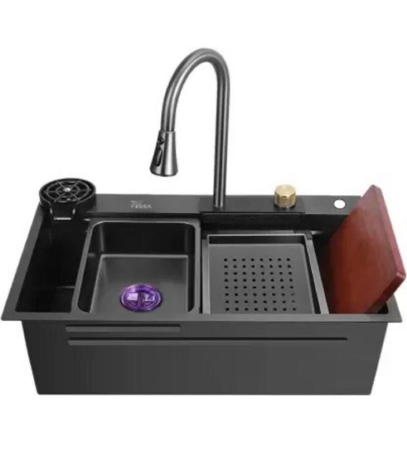 FLEKO Modeli Antrasit Yağmurlamalı Teknolojik Evye+Armatür+kesme Tahtası+2 tepsi Seti 75x45x20cm AsilÇelik