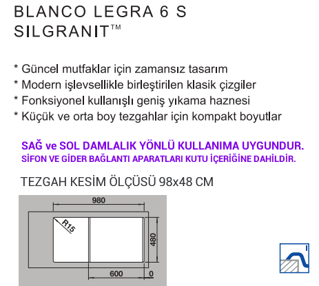 522207 BLANCO LEGRA 6 S 1,5 Göz 50x100 cm Granit Evye Antrasit