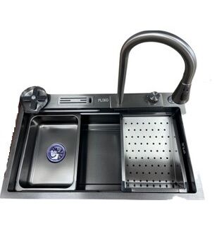 FLEKO Antrasit Yağmurlama Ankastre Evye + Armatür+kesme Tahtası+2 tepsi Seti 75x45x20cm Bıçaklık Bölmeli
