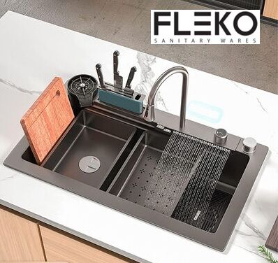 FLEKO Antrasit Yağmurlama Ankastre Evye + Armatür+kesme Tahtası+2 tepsi Seti 75x45x20cm Bıçaklık Bölmeli