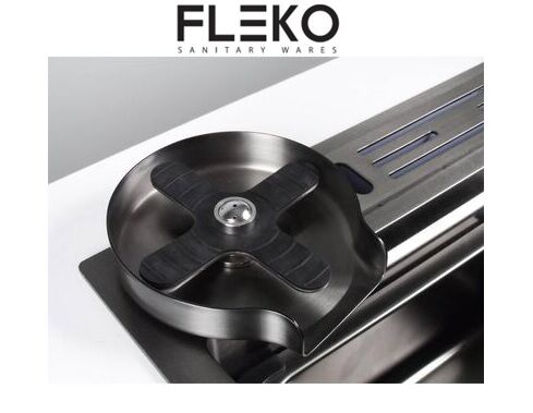 FLEKO Antrasit Yağmurlama Ankastre Evye + Armatür+kesme Tahtası+2 tepsi Seti 75x45x20cm Bıçaklık Bölmeli