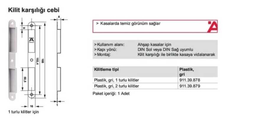 Hafele Kilit Karşılığı çebi plas.gri tek turlu