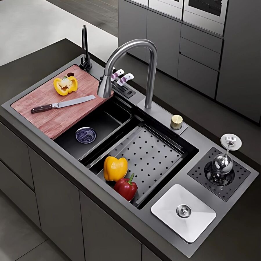 FLEKO HİENS 50x100cm Antrasit Çelik Multifonksiyonel+Bardak yıkama+Arıtma+Yağmurlama+Sıvı Sabunluk+Bıçaklık+Buz çöme gözlü Evye