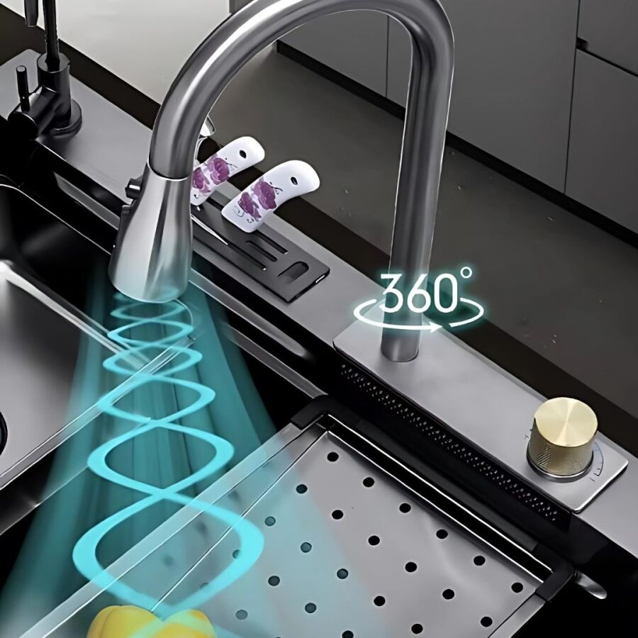 FLEKO HİENS 50x100cm Antrasit Çelik Multifonksiyonel+Bardak yıkama+Arıtma+Yağmurlama+Sıvı Sabunluk+Bıçaklık+Buz çöme gözlü Evye