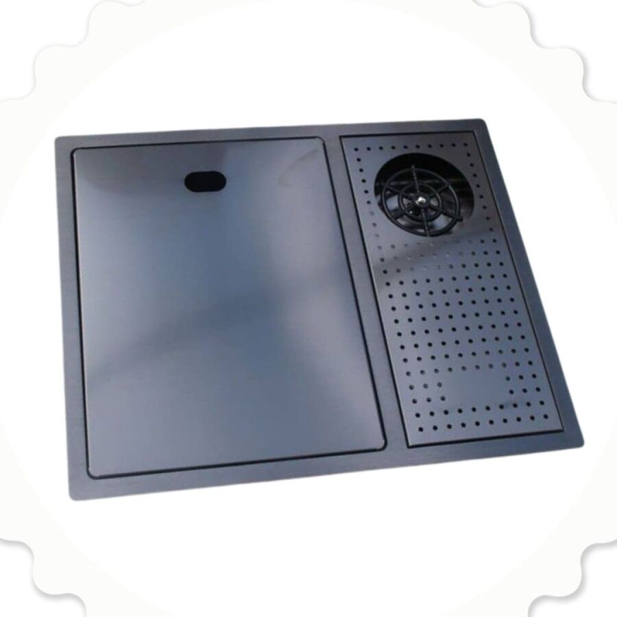 HİENS 60x45cm Fonksiyonel Kapaklı+Bardak Yıkama+Asansörlü Batarya+Kumandalı Sifonlu Evye