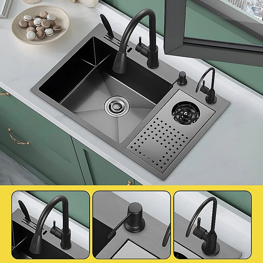 HİENS 60x45cm Tek Göz Bardak yıkama+Bıçaklıklı Antrasit PVD Evye