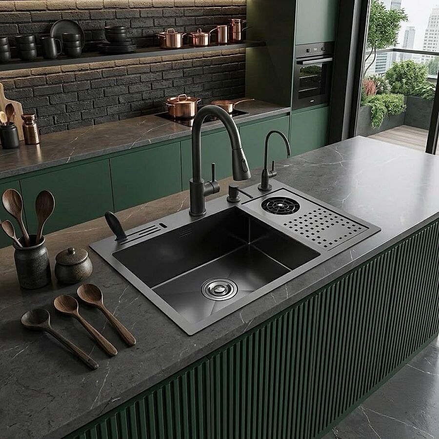 HİENS 60x45cm Tek Göz Bardak yıkama+Bıçaklıklı Antrasit PVD Evye