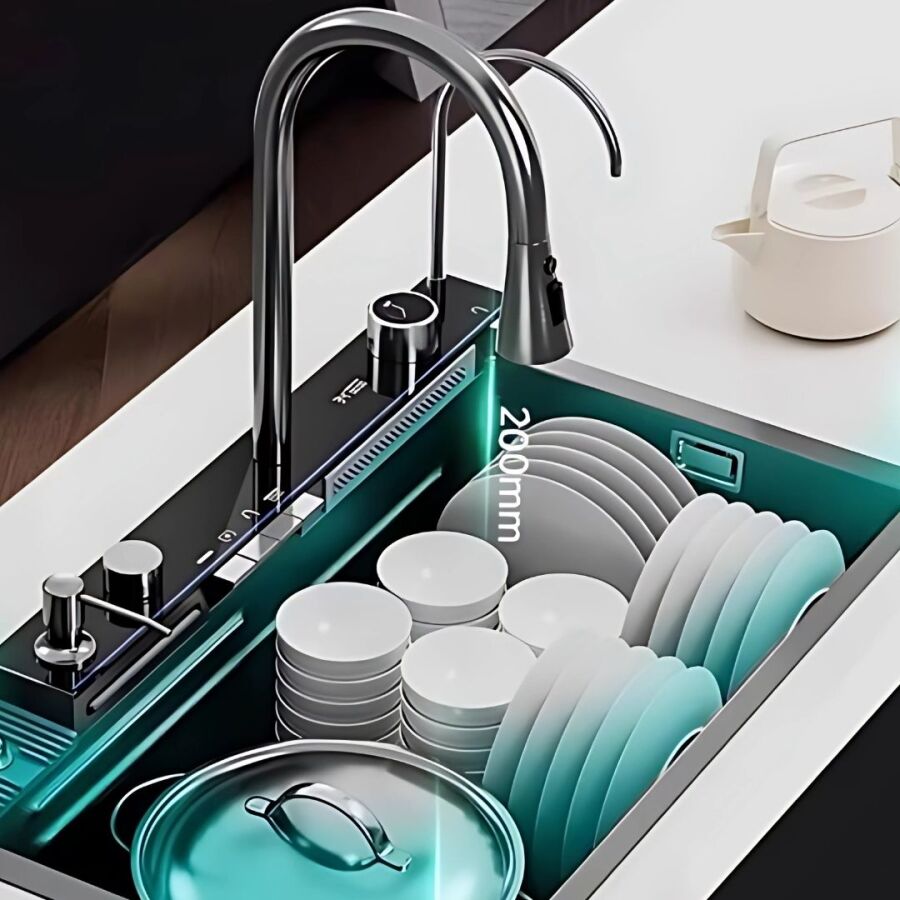 FLEKO HİENS 75x46cm Fonksiyonel EVYE Tuşlu+Yağmurlama+Sıvı Sabunluk+Arıtma+Bardak Yıkama+Sprelli Batarya