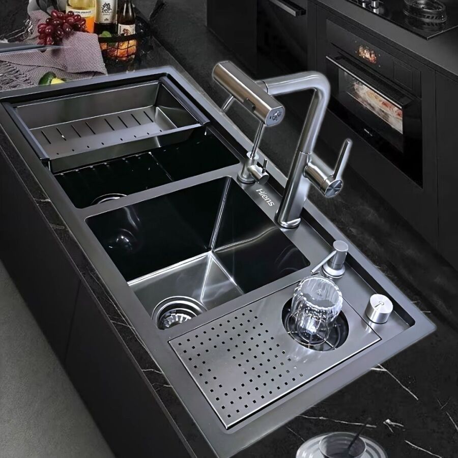 HİENS 90x45cm Antrasit Çelik 2 Gözlü Bardak Yıkama+Arıtma+Sıvı Sabunluk+Metal Örtü+Kumandalı Sifonlu Evye