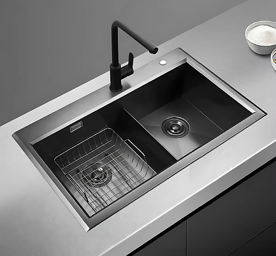 Hiens KARE 82x45cm Sepetli İki Gözlü Damlalıksız Tez.Üstü Evye Antrasit