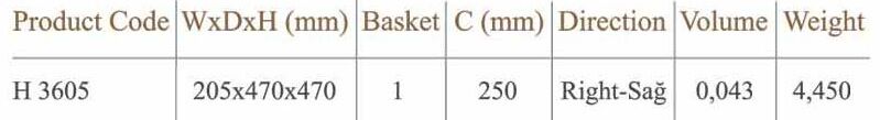 H-3605 20cm lik Tandem Raylı Deterjanlık Sağ Kapak 25cm