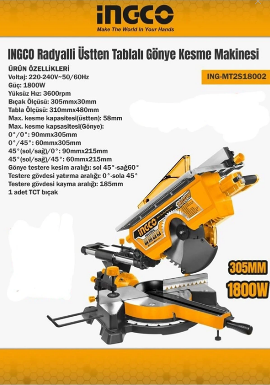 ING-MT2S18002 Gönye Kesme 305mm Tablalı ve Radyalli
