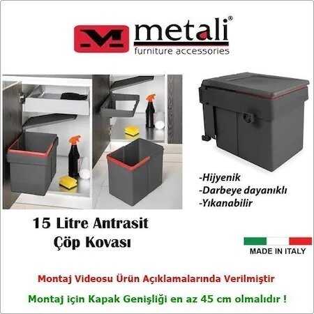 7015 Metali Kapağa Monte Çöp Kovası 15 Litre