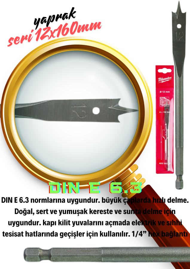 Ahşap Matkap Ucu Yaprak Seri 12x160mm Milwaukee