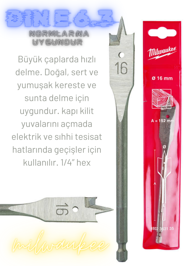 Ahşap Matkap Ucu Yaprak Seri 16x160mm Milwaukee