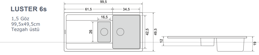 440020 QUARSTONE LUSTER 6S Antrasit Granit Evye / 99,5x49,5cm / Tezgah üstü