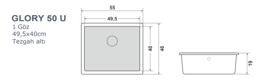 440034 QUARSTONE GLORY 50 U Beyaz Granit Evye 49,5x40cm / Tezgah altı