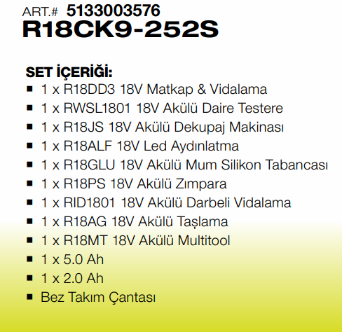 R18CK9-252S BEZ ÇANTA AKÜLÜ KOMPAKT SET 9 PARÇA Ryobı