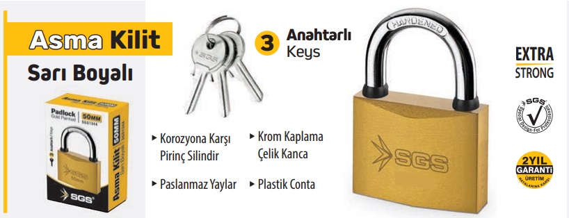 SGS 1343 Asma Kilit Sarı Boyalı 38mm