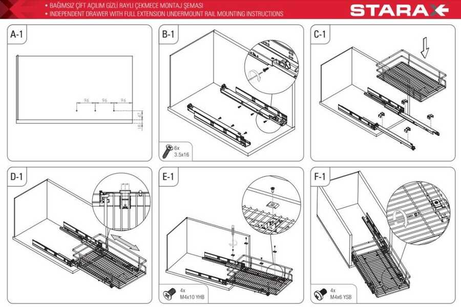 Starax 2333-Bağımsız Çift Açılım Tandem Raylı Çekmece 45cm