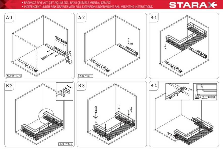 Starax 2351-Bağ.Evye Altı Çift Açılım Tandem Raylı Çekmece 80