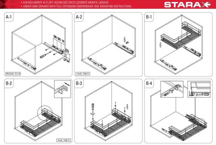 Starax 2353-C Kapağa Monte Eviye Altı Çift Açılım Gizli Raylı Çekmece 800 mm Krom