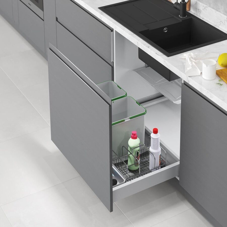 Starax S-2557-G Çekmece İçi Çöp Kovası (Oto.Kapak) 80cm 1 Sepet+12+1+1+1 lt. Gri