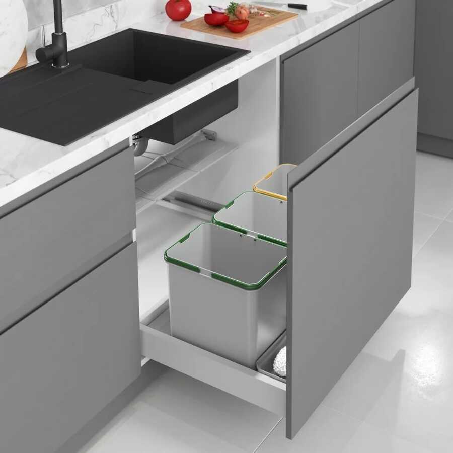 Starax S-2565-G Çekmece İçi Çöp Kovası (Oto.Kapak) 90cm 12+12+12+1+1+1 lt Gri