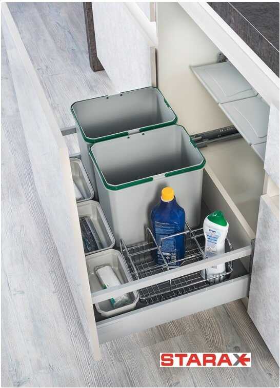 Starax S-2568-G Çekmece İçi Çöp Kovası (Oto.Kapak) 90cm 1 Sepet+16+16+1+1+1 lt.Gri