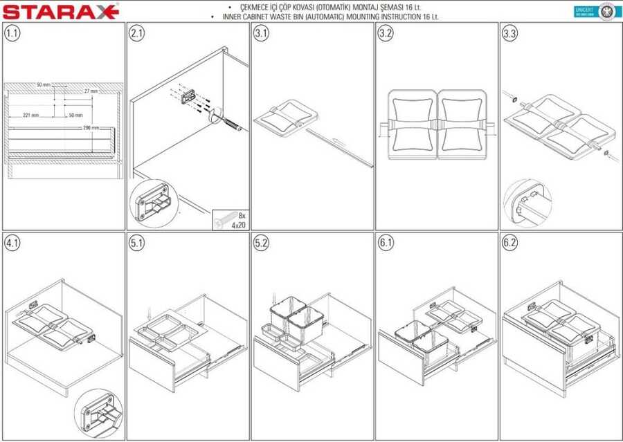 Starax S-2568-G Çekmece İçi Çöp Kovası (Oto.Kapak) 90cm 1 Sepet+16+16+1+1+1 lt.Gri