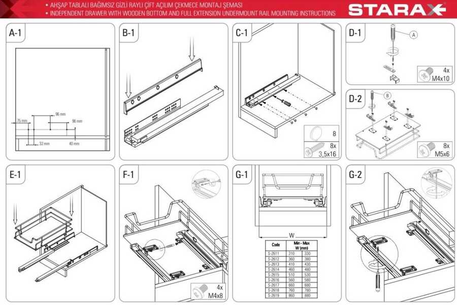 Starax S-2611-C Ahşap Tablalı Bağımsız Gizli Raylı Çift Açılım Çekmece 35cm