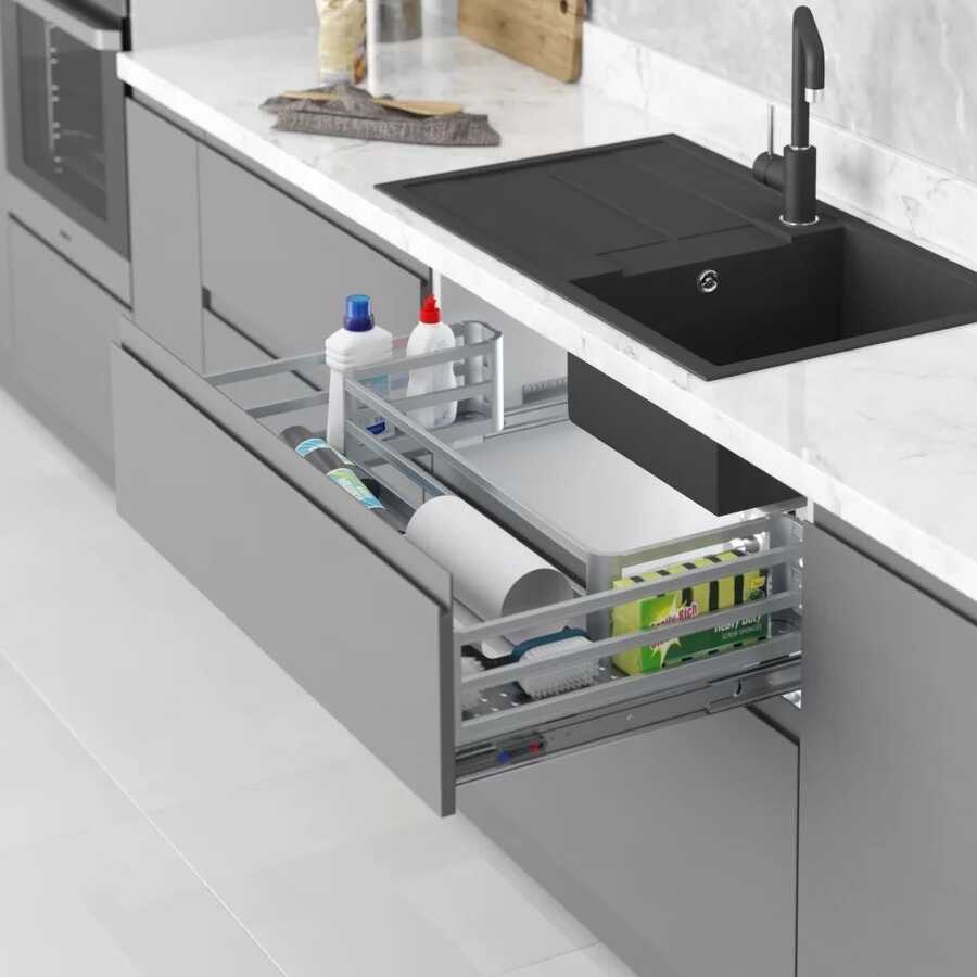 Starax S-2752-A Kapağa Monte Alüminyum Evye Altı Çekmece 90 cm (Frenli) Antrasit