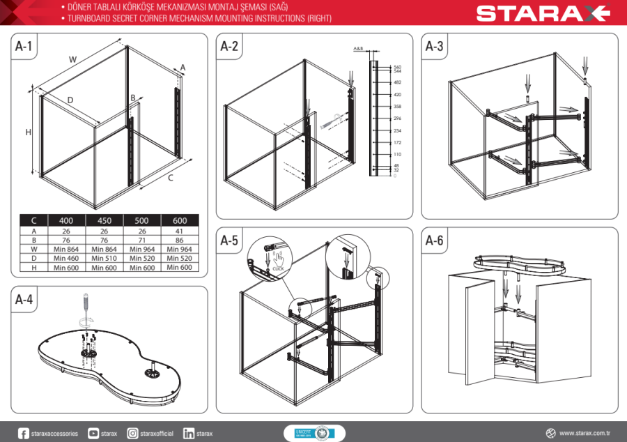 Starax S-3114-A Kapağa Monte Körköşe Mekanizması 50cm Sağ Antrasit