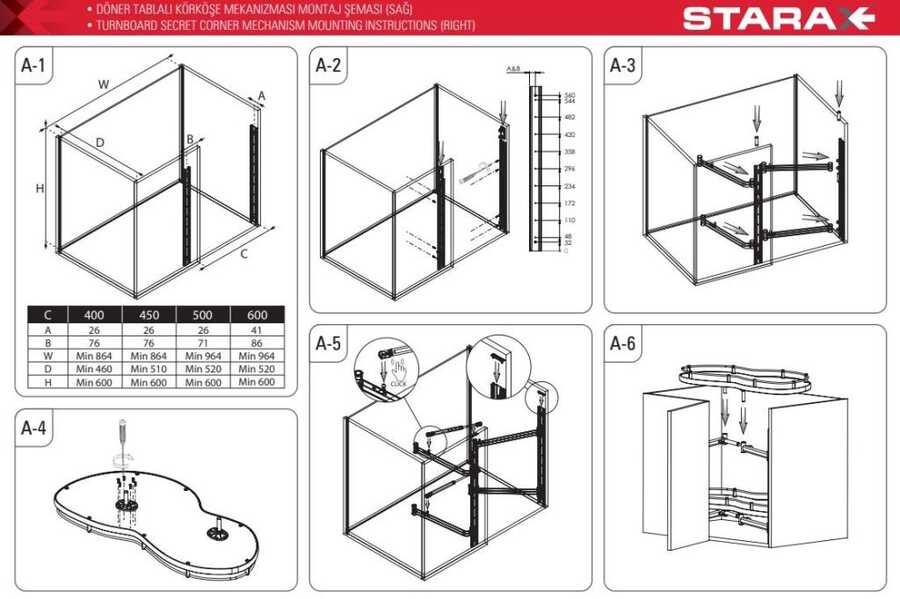 Starax S-3116 Döner Tablalı Körköşe Mekanizması Sağ 50 cm