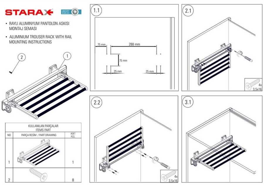 Starax S-6546-A Raylı Alüminyum Pantolonluk Askılı Kravatlık Antasit