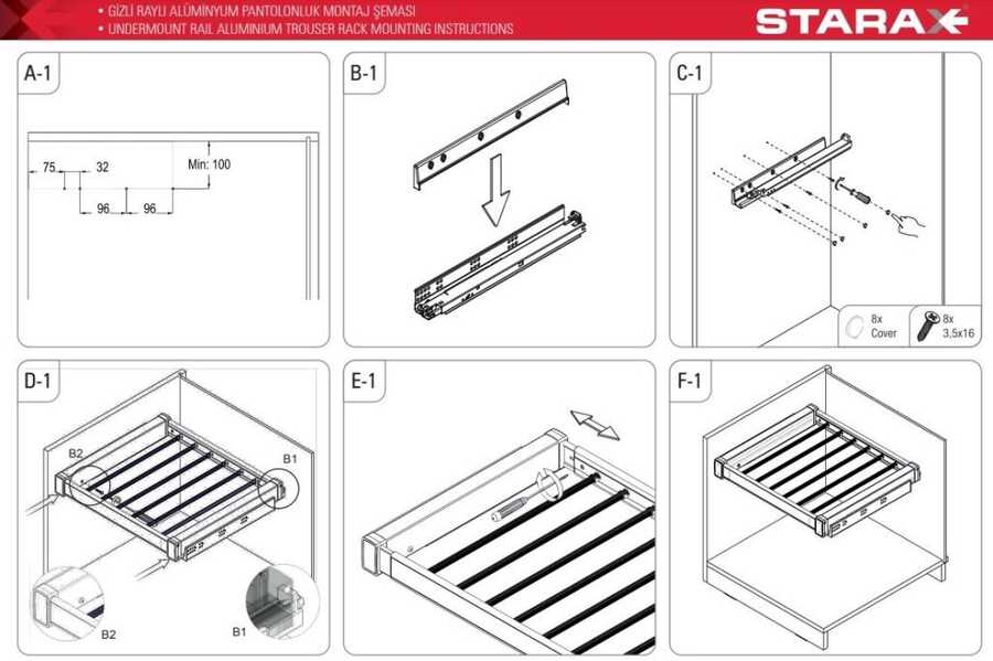 Starax S-6709-W Gizli Raylı Alüminyum Pantolonluk 800 mm Beyaz