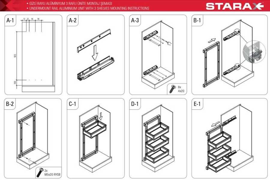 Starax S-6734-W Gizli Raylı Alüminyum 3 Raflı Ünite Sağ Beyaz