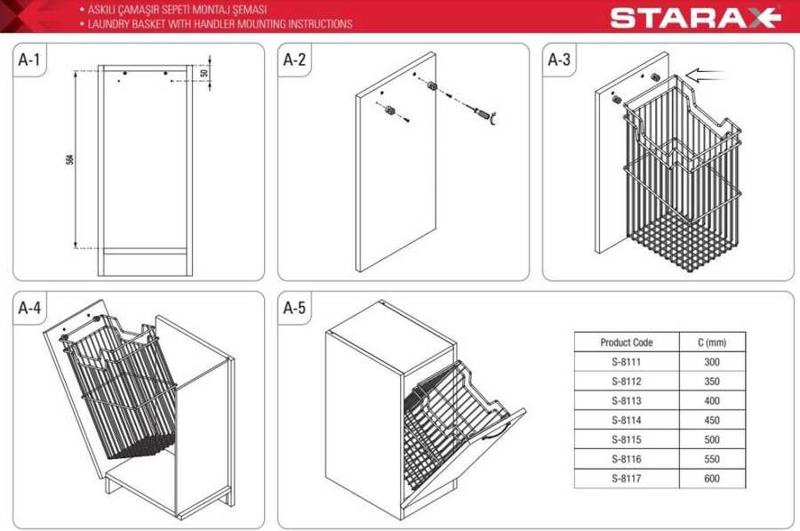 Starax S-8112-Askılı Çamaşır Sepeti 35 cm Krom