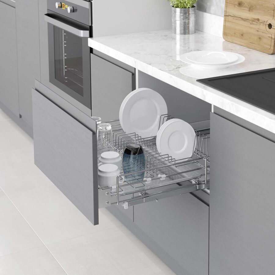 S-2031 60cm Kapağa Monte Çift Açılım Gizli Raylı Tepsili Tabaklık - Bardaklık