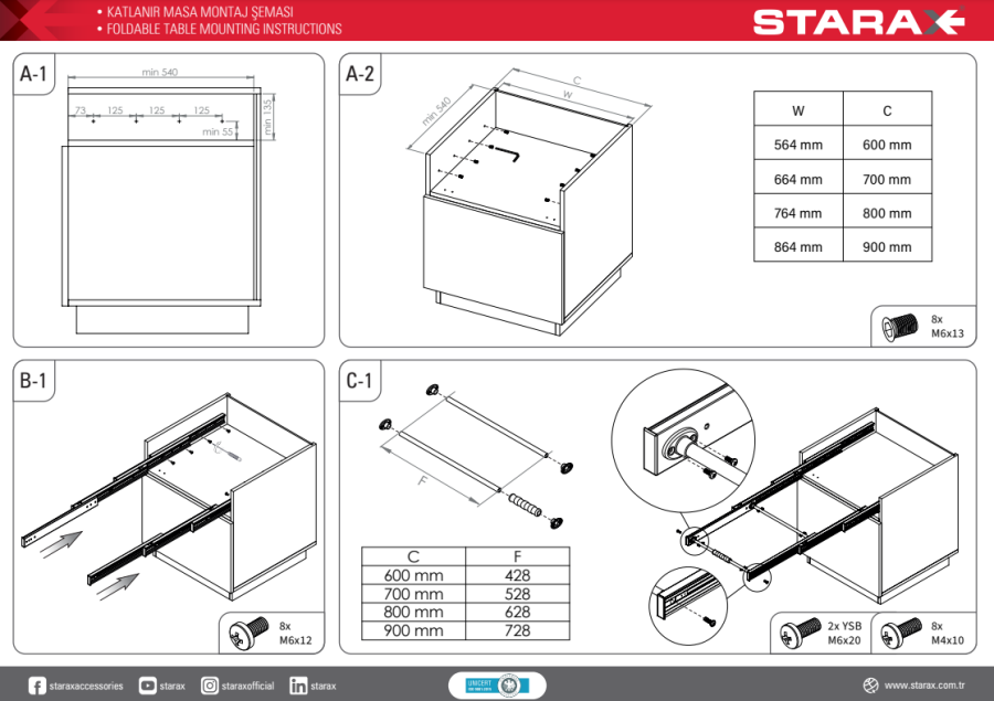 Starax S-2143-W Katlanır Masa Mekanizması 90 CM - Beyaz