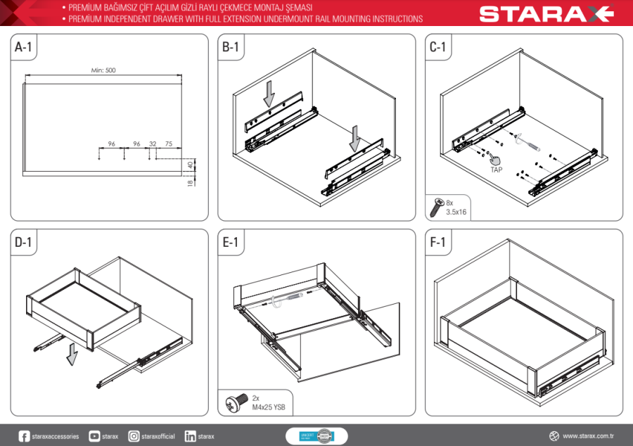 Starax S-2332-P-W Bağımsız Çift Açılım Gizli Raylı Çekmece 40 cm (Fr.) Premium - Beyaz