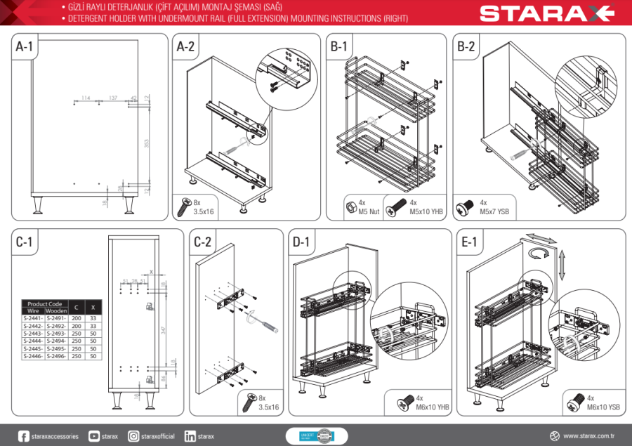 Starax S-2446-A Gizli Raylı (Çift Açılım) Deterjanlık Sağ 16/22cm Antrasit