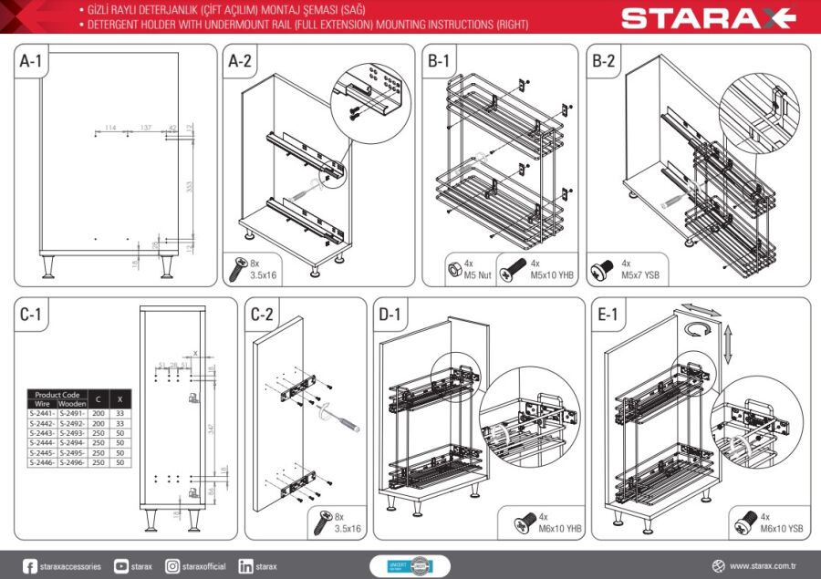 Starax S-2492-A Gizli Raylı Deterjanlık (Çift Açılım) Ahşap151 x 475 x 495 Antrasit