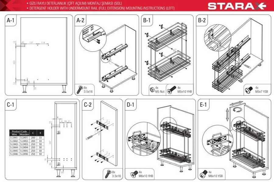 Starax S-2493-C Ahşap Tablalı Gizli Raylı Deterjanlık Çift Açılım Sol 22cm Krom